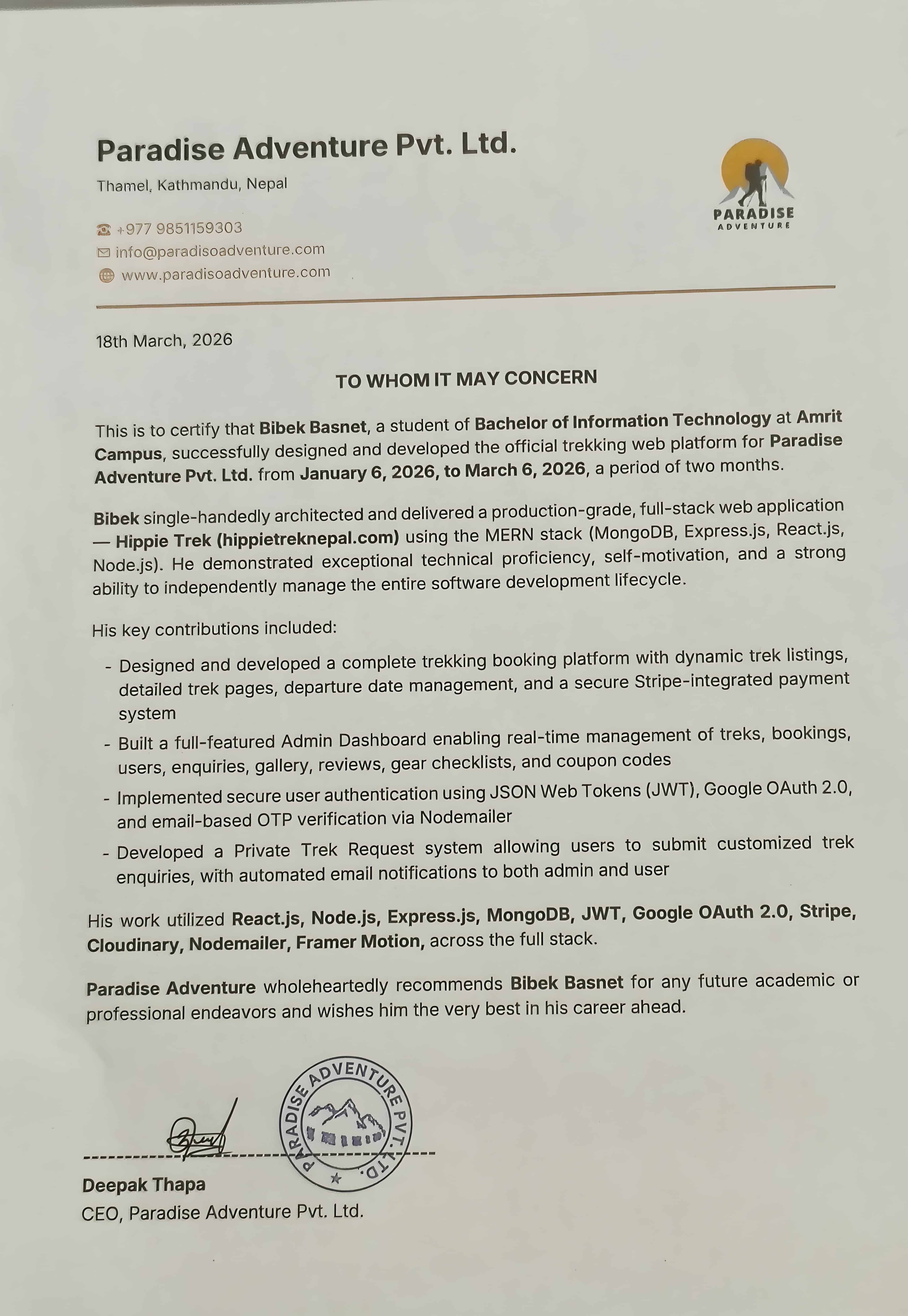 Full-Stack Developer Internship Certificate - Paradise Adventure Pvt. Ltd.
